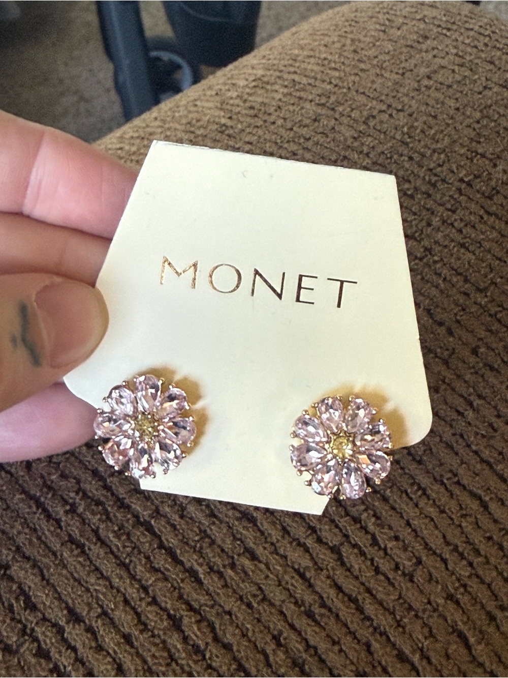 Monet Pink Crystal Flower clip on Earrings